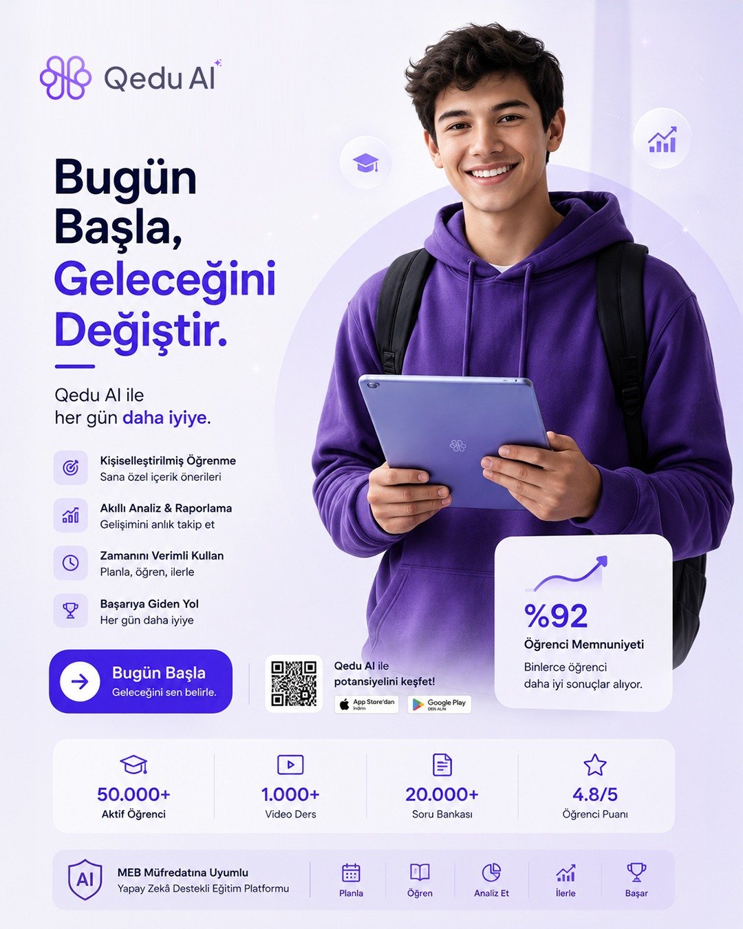 Tabletiyle Qedu AI kullanan öğrenci